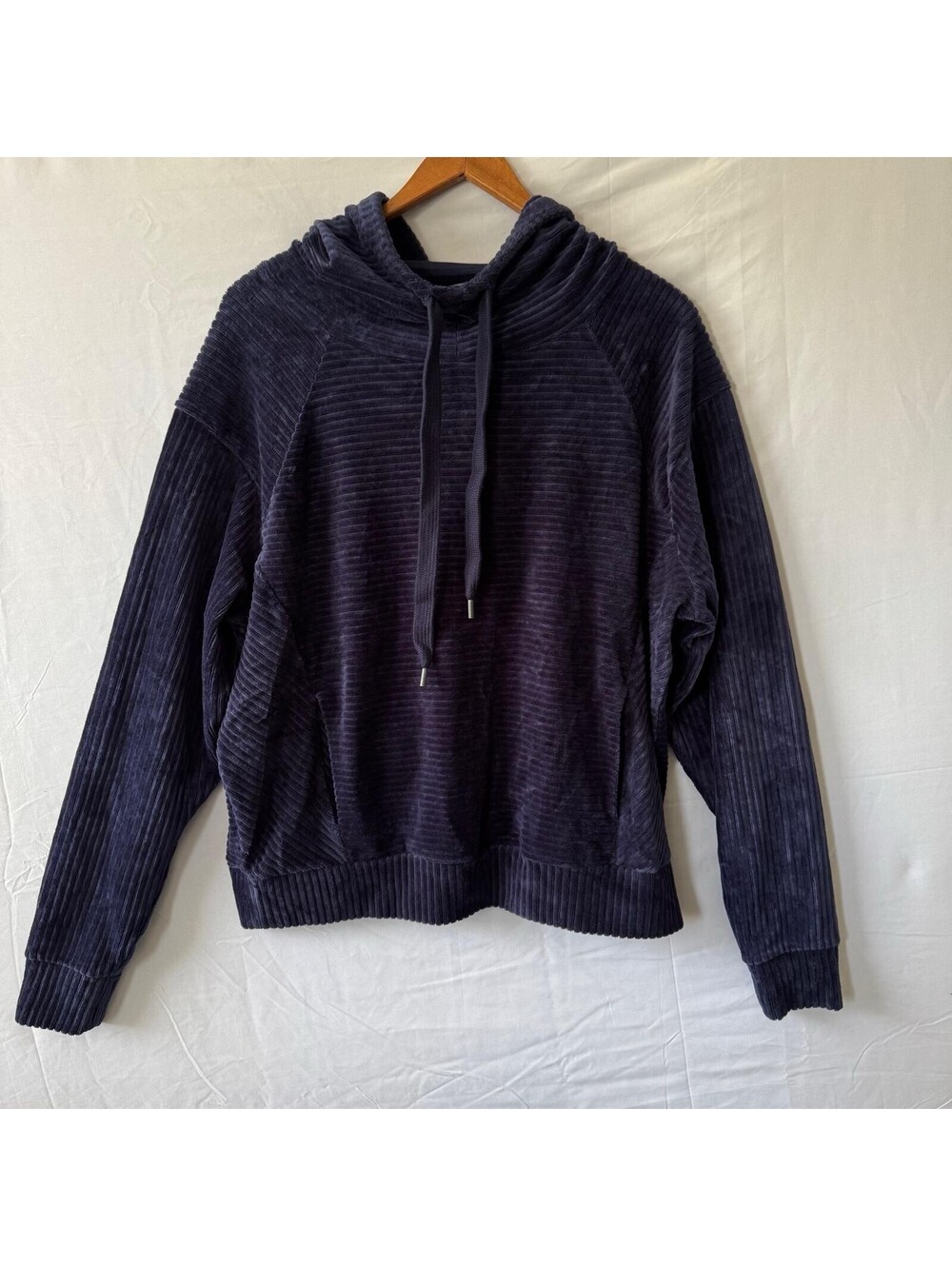 Zella Sweatshirt M Navy Ribbed Velour Hoodie Drawstring Cozy Cowl Neck